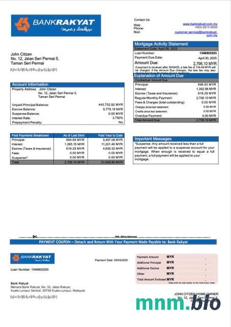 Malezja Bank Rakyat wyciąg z kredytu hipotecznego szablon Word i PDF